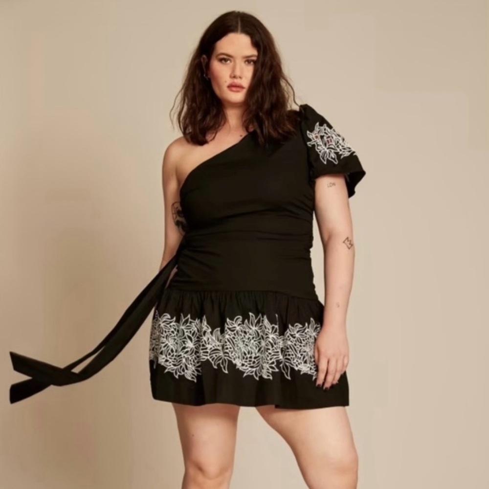 NWT Tanya Taylor Amber Floral Embroidered One Shoulder Mini Dress Black Size 14